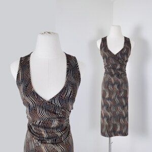 Vintage midi fitted dress abstract y2k vneck plunge neckline wrap squiggles
